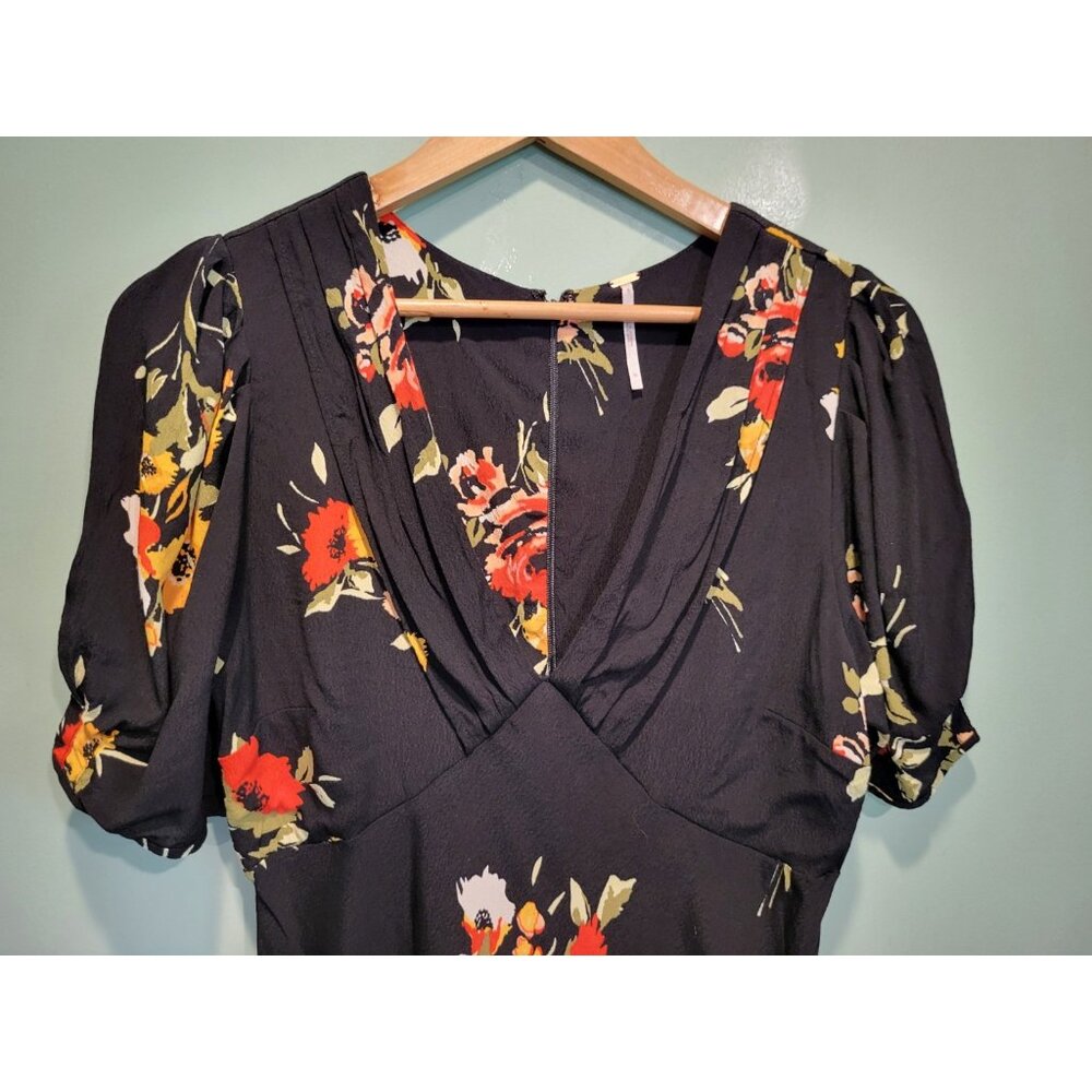 Free People Black Floral Puff Sleeve Babydoll Whimsigoth Fairy Grunge Dress 10 - Picture 2 of 7